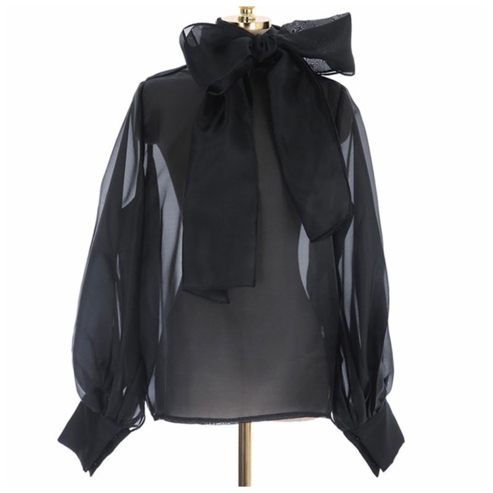Black & White Sheer Organza Dramatic Bow Top - Picture 6 of 8